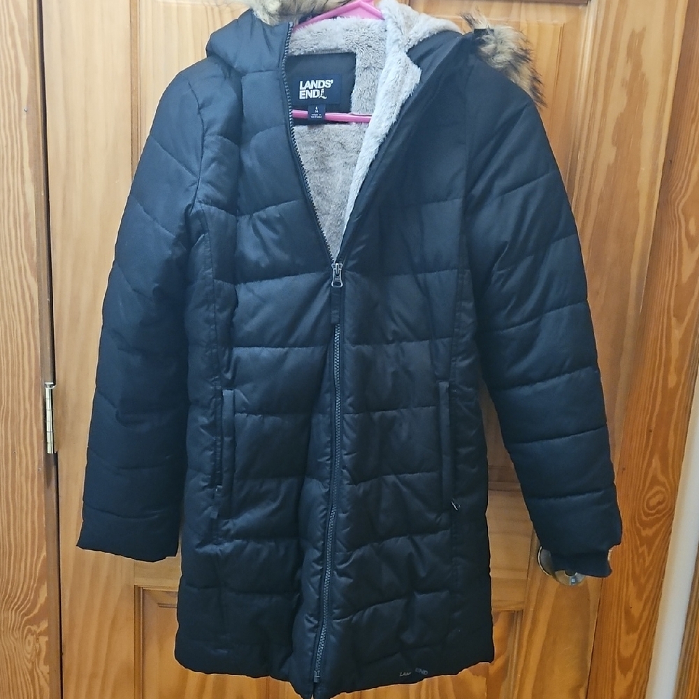 Lands' End Quilted Black Hooded Jacket